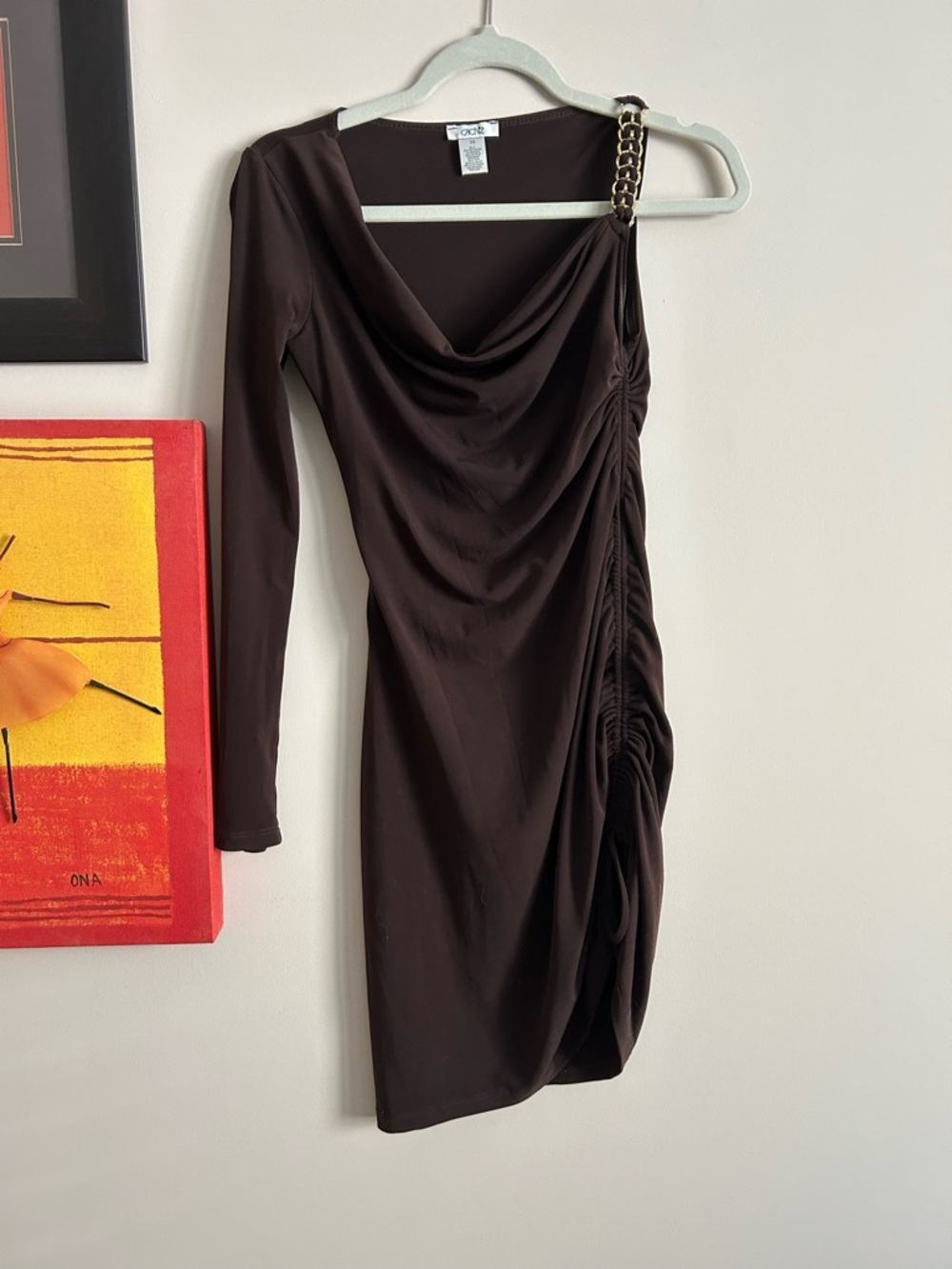 Cache One-Shoulder Dark Brown Chain-Shoulder Dress